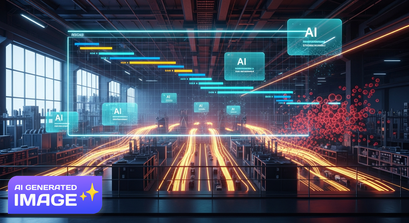 Manufacturing production floor with AI-powered scheduling dashboard showing real-time job optimization and resource allocation