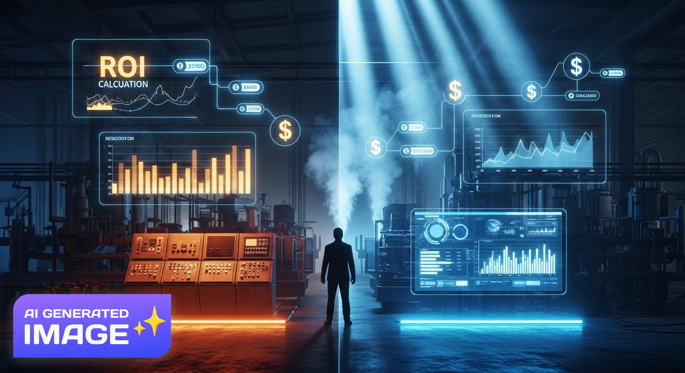 Manufacturing operations director calculating ROI and business impact analysis for operational software investment