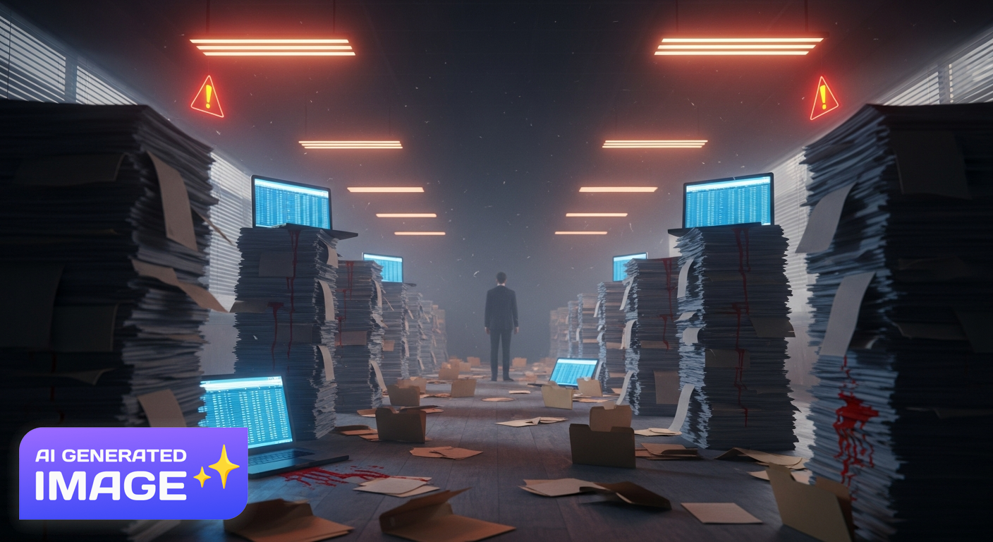 Frustrated sales professional surrounded by spreadsheets and disconnected software systems