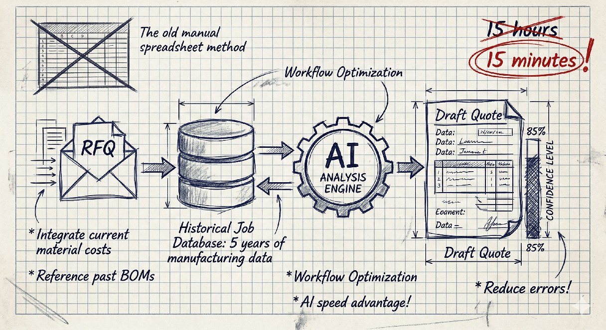 Diagram showing AI-powered quoting workflow: RFQ arrives, AI analysis engine references 5 years of historical job data, and generates a draft quote in minutes instead of 15 hours