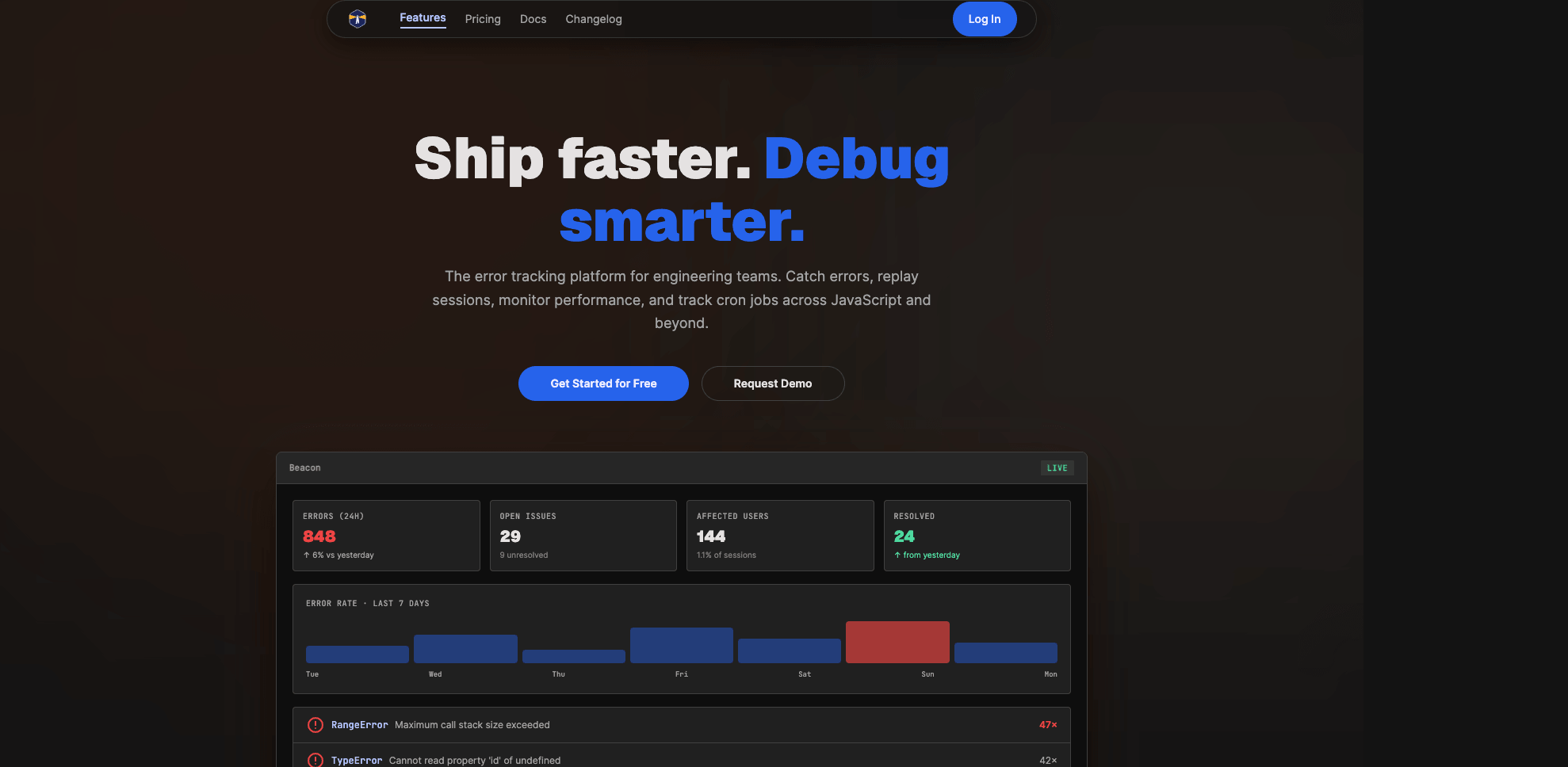 BeaconHQ dashboard showing active projects, open issues, error rate trends, and affected users across environments