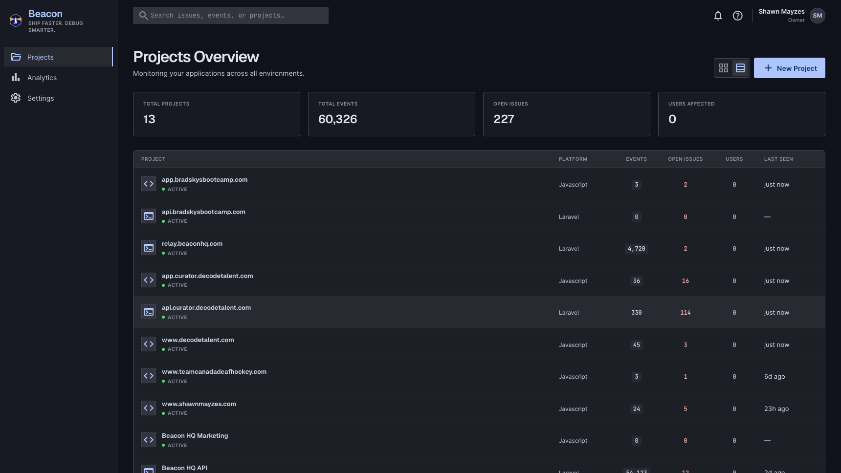 BeaconHQ projects overview showing 13 active projects, 60k+ total events, and 227 open issues across all environments