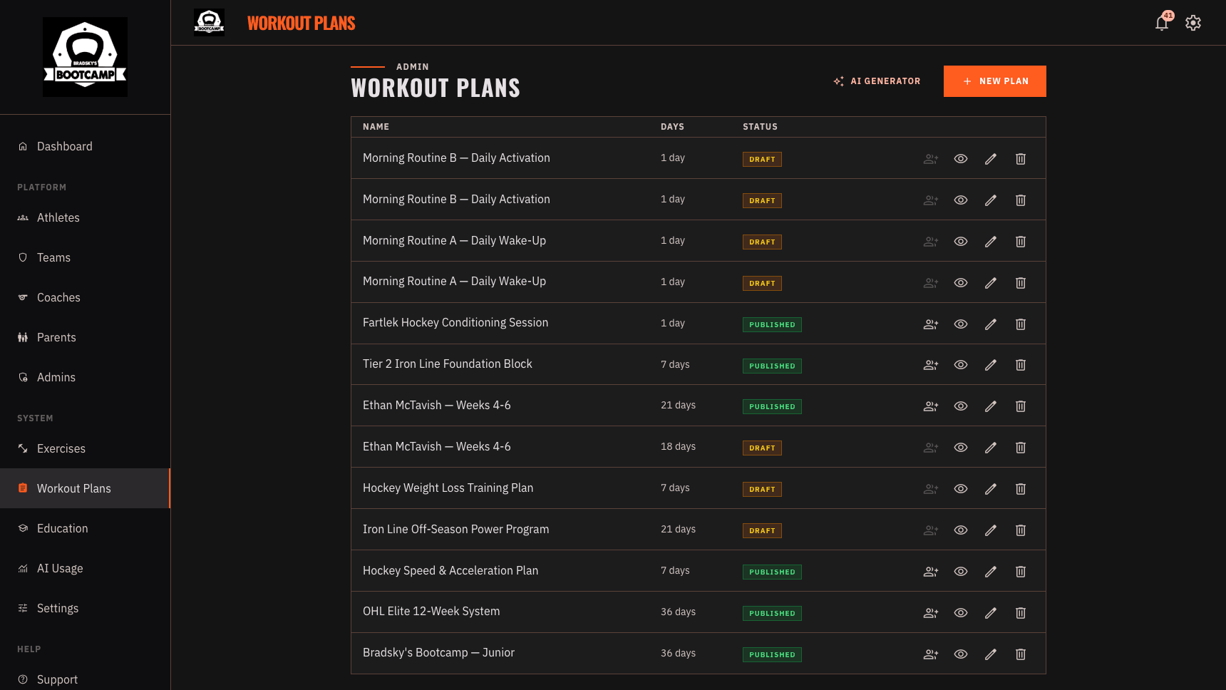 Bradsky's Bootcamp admin workout plans — AI generator, draft and published plans with day counts