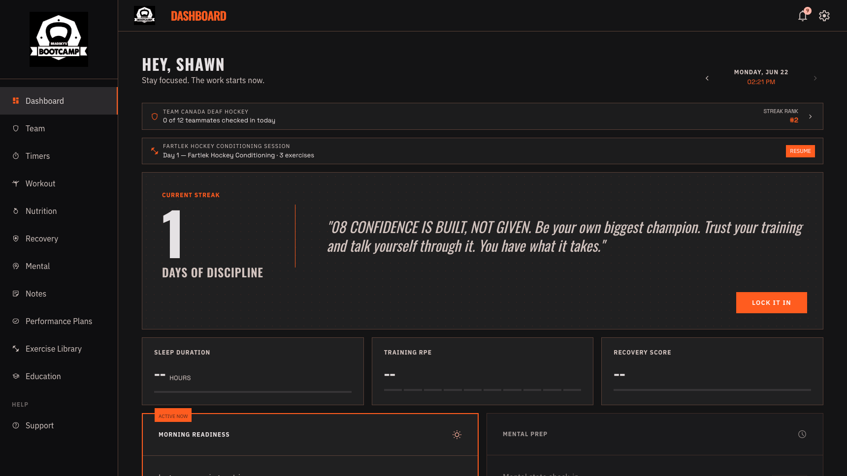 Bradsky's Bootcamp athlete dashboard — daily streak, readiness check-ins, mental prep, and morning readiness modules
