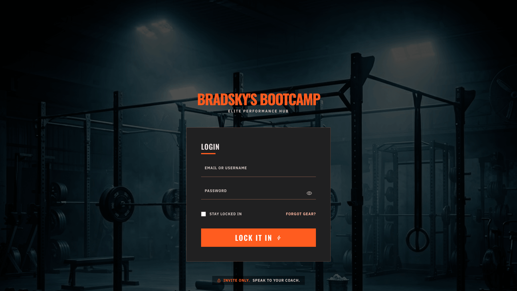 Bradsky's Bootcamp login screen — invite-only athlete portal with gym background