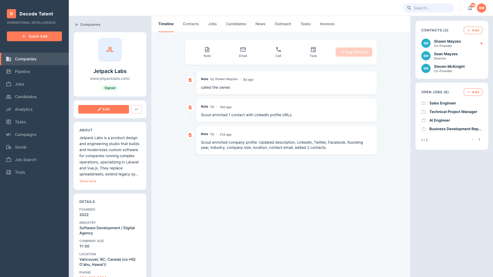 Curator company record — CRM timeline, contacts sidebar, open jobs, and tabbed navigation across timeline, contacts, jobs, candidates, news, outreach, tasks, and invoices