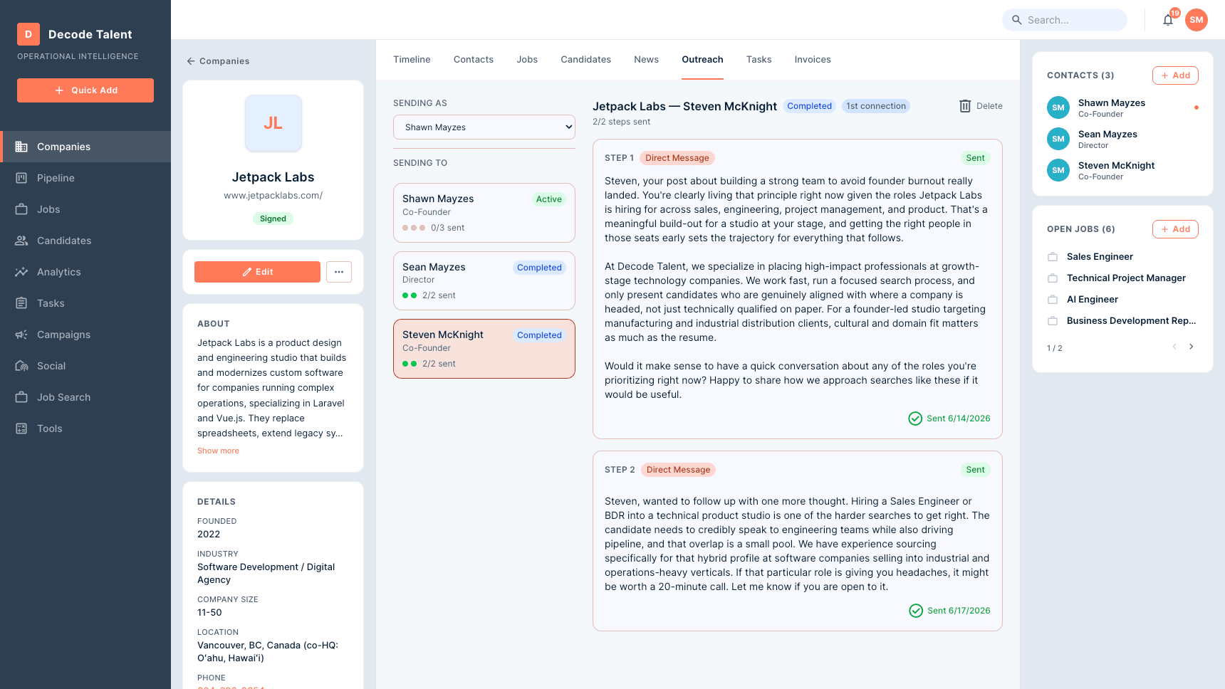 Curator company outreach — multi-step sequence with per-contact send status and AI-drafted message preview