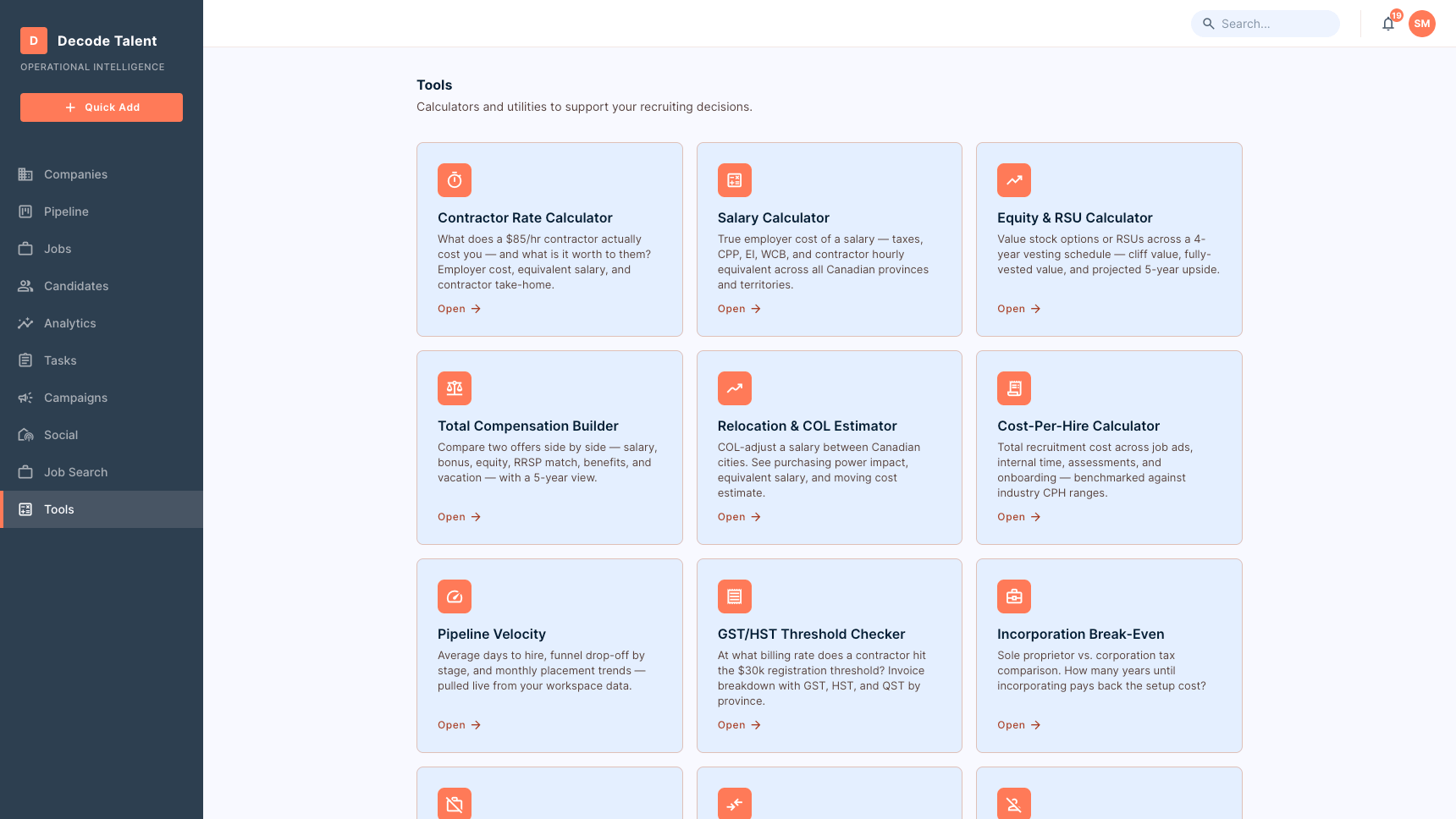 Curator tools suite — 9 recruiting calculators including contractor rate, salary, equity, total comp, relocation, cost-per-hire, pipeline velocity, GST/HST, and incorporation break-even