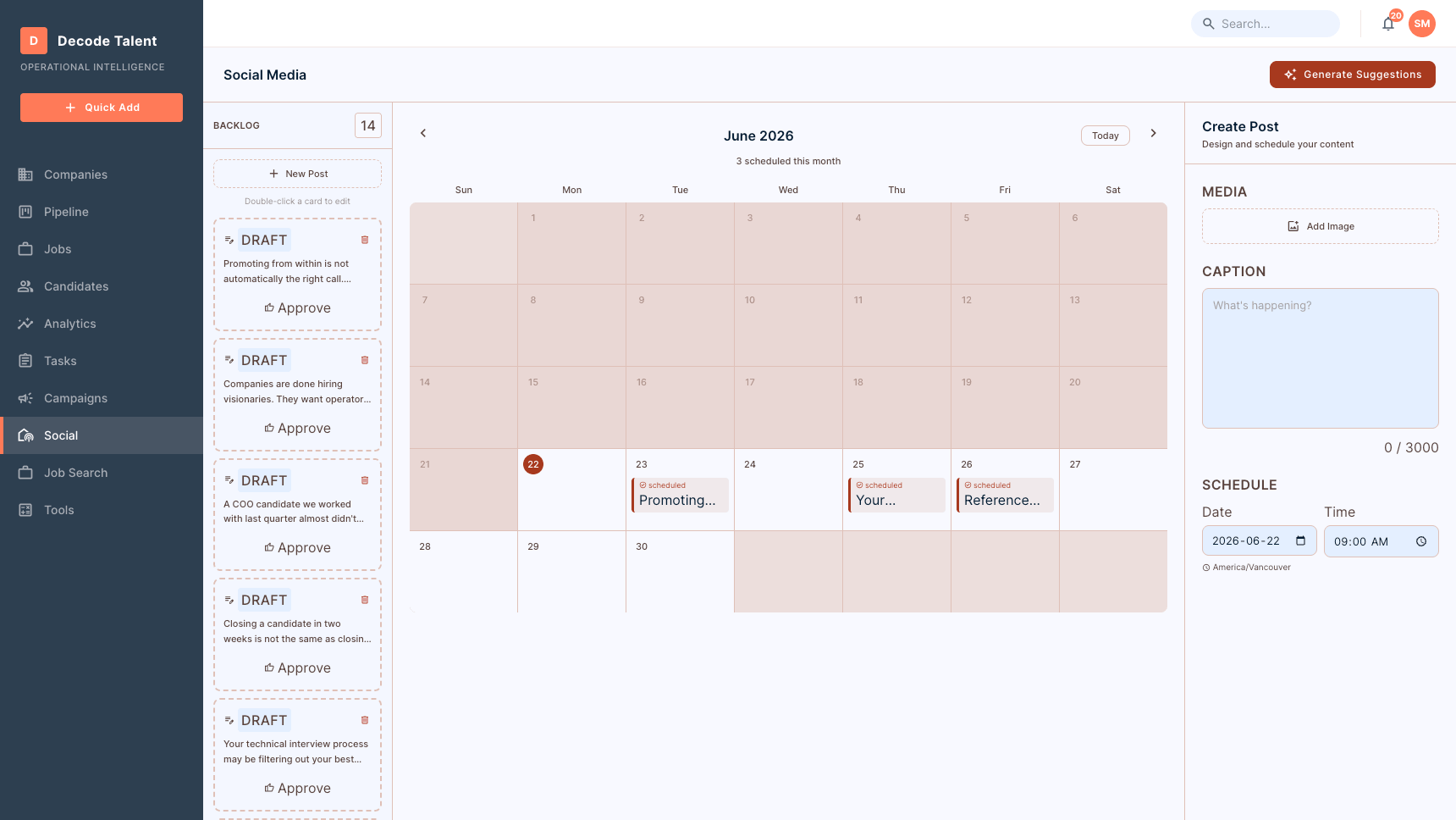 Curator social media — AI-generated post drafts with approval workflow, content calendar, and post scheduler