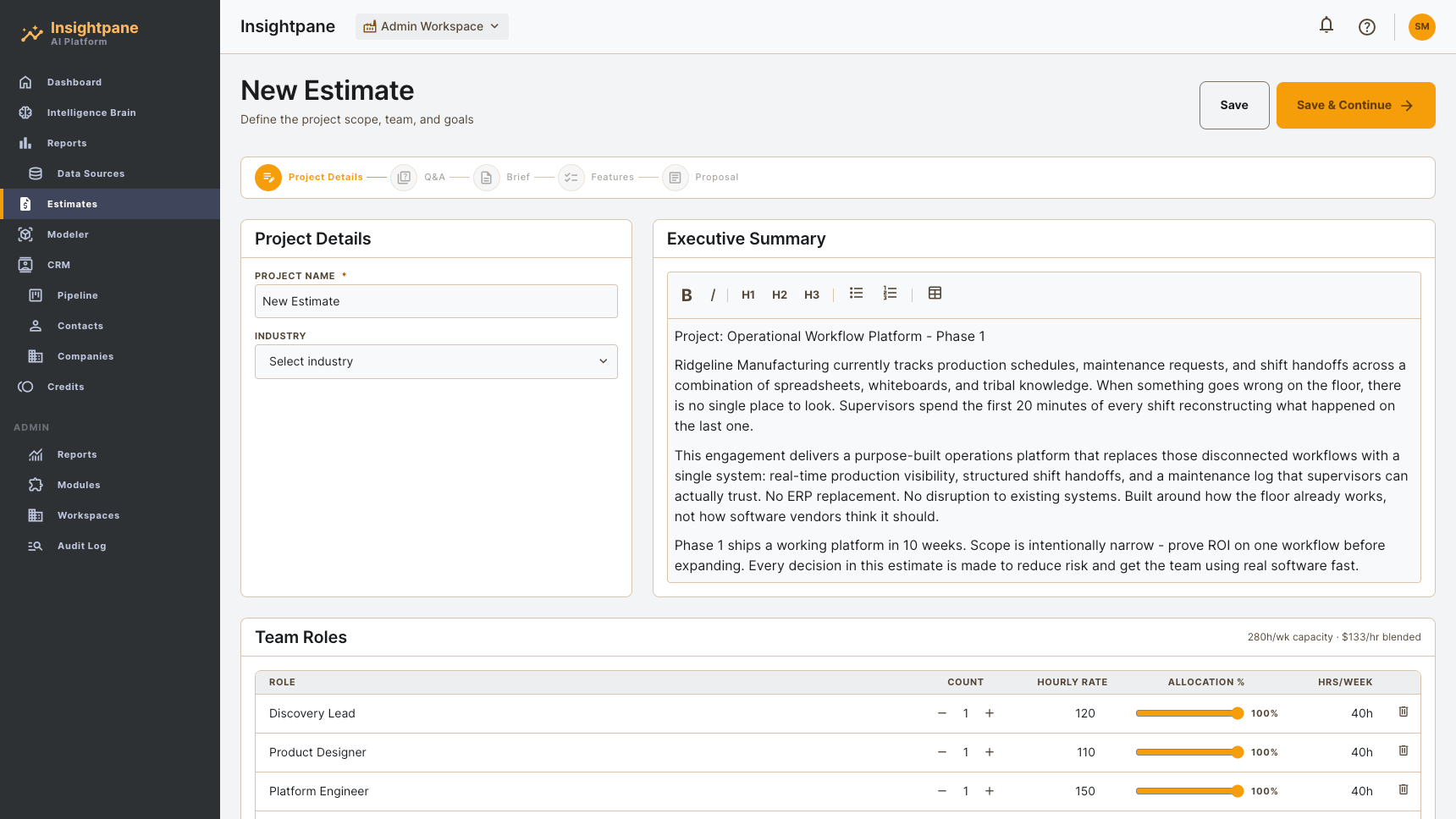 InsightPane estimate builder — project details, executive summary, and team roles with blended rate