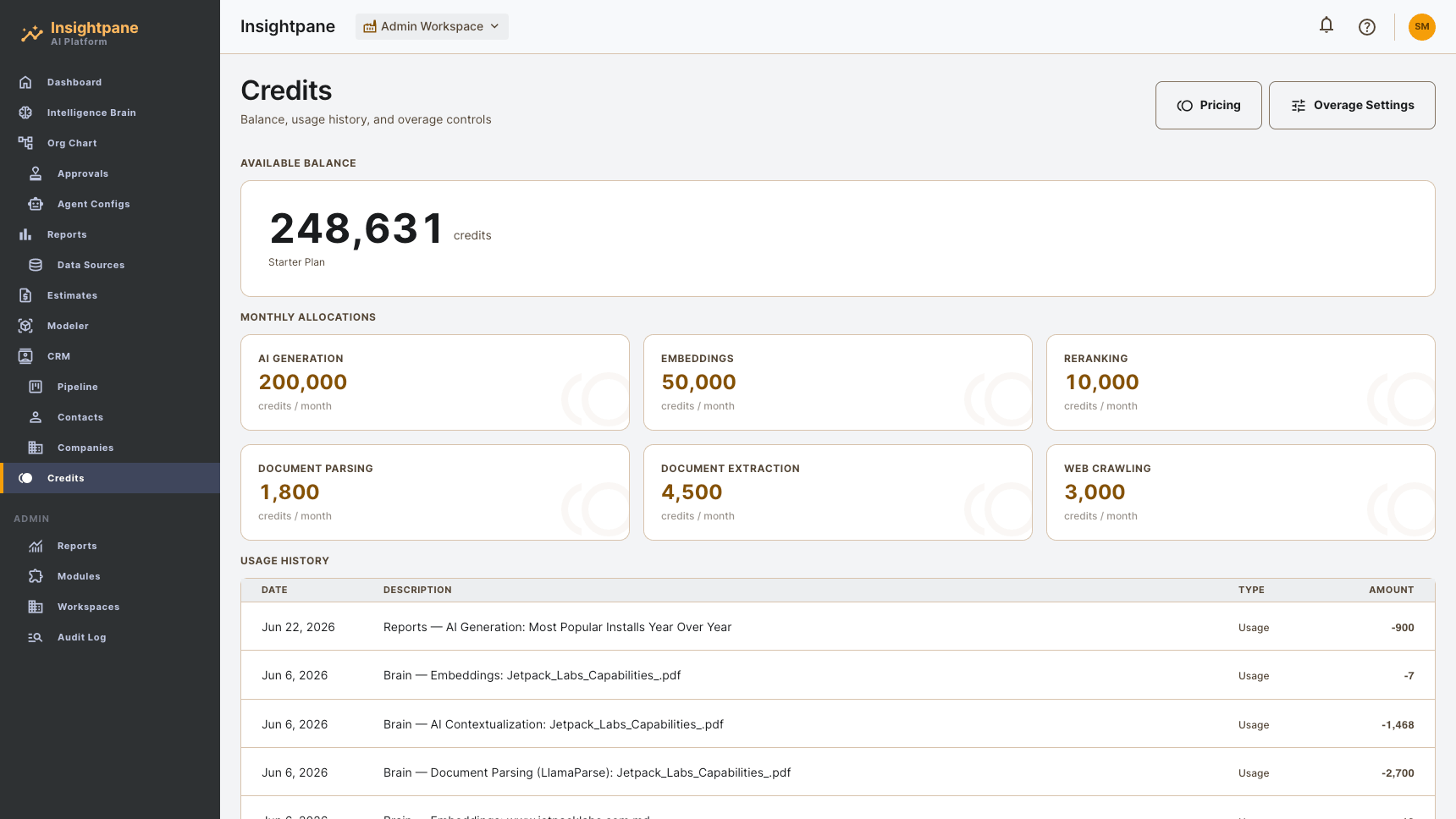 InsightPane credits dashboard — balance, monthly allocations by type, and usage history