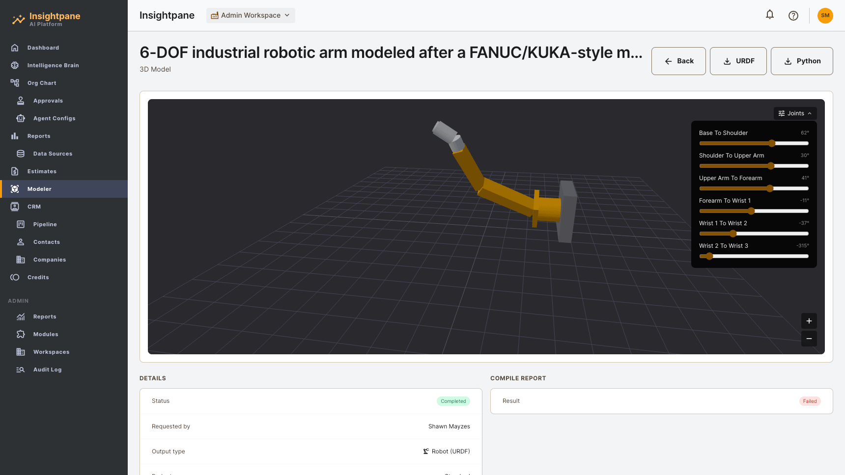 InsightPane 3D modeler — 6-DOF industrial robotic arm rendered in-browser with joint angle controls and URDF export