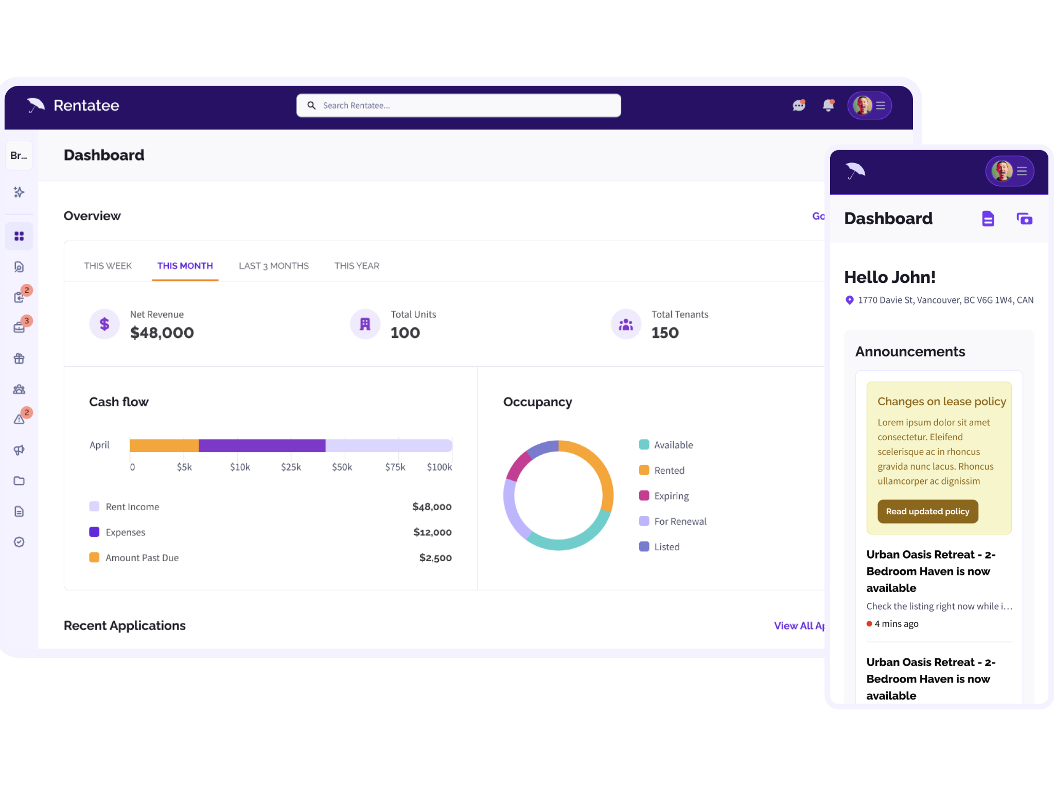 Rentatee portfolio dashboard showing net revenue, total units, tenant count, cash flow summary, and occupancy breakdown across desktop and mobile