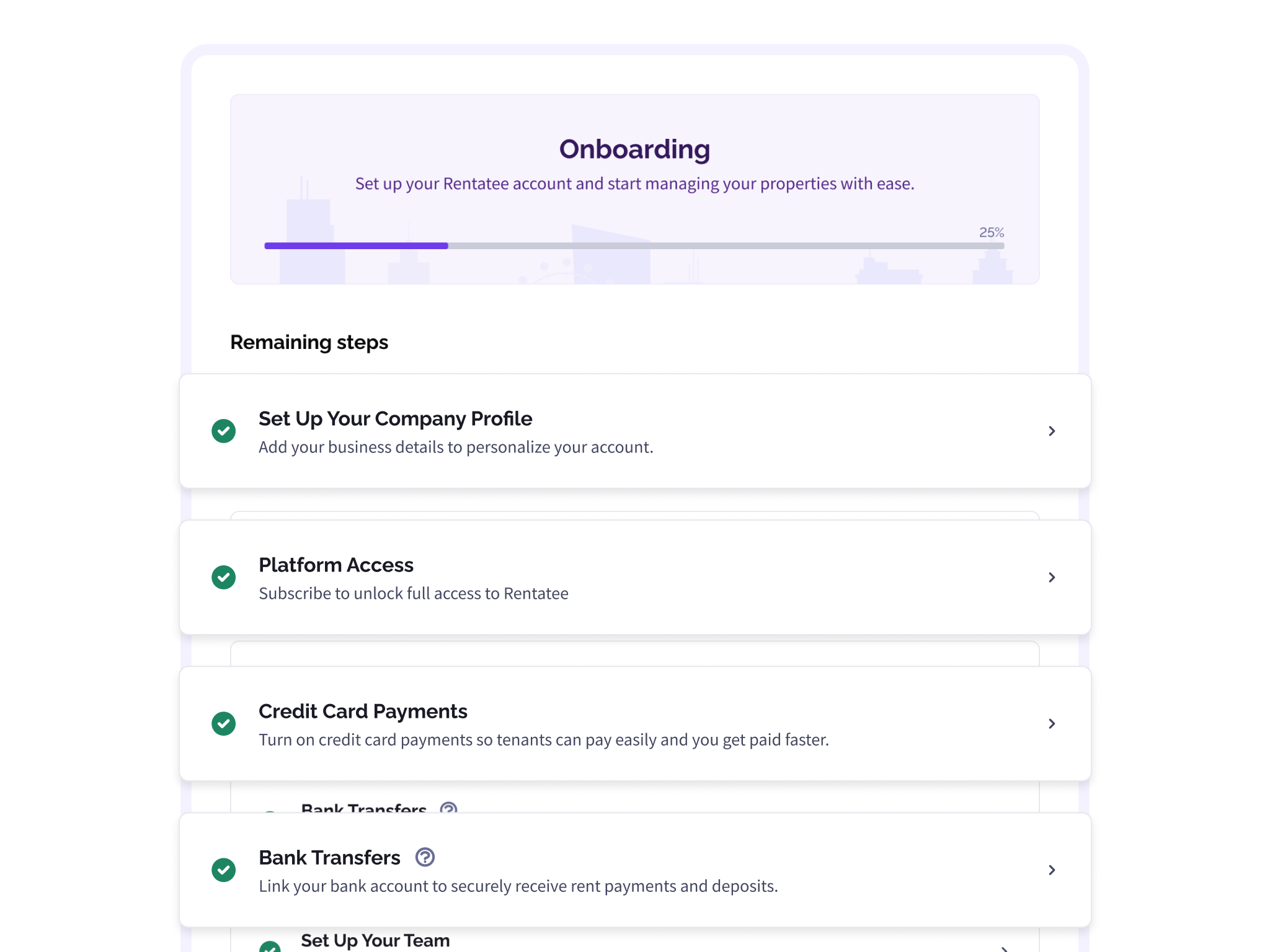 Rentatee merchant onboarding wizard showing structured KYC steps: company profile, payment setup, and compliance verification