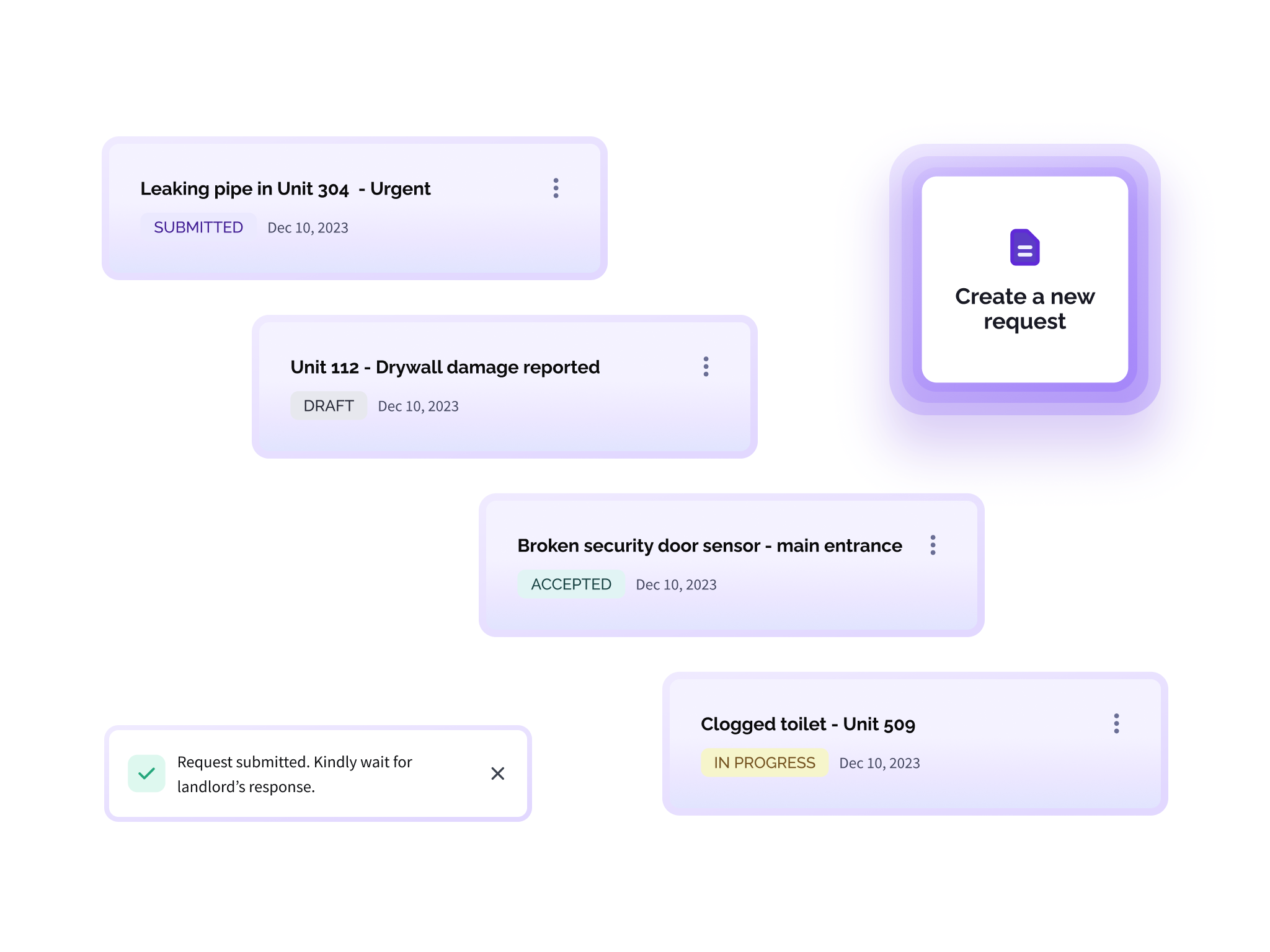 Rentatee maintenance request tracker showing submitted, in-progress, and resolved requests across multiple units