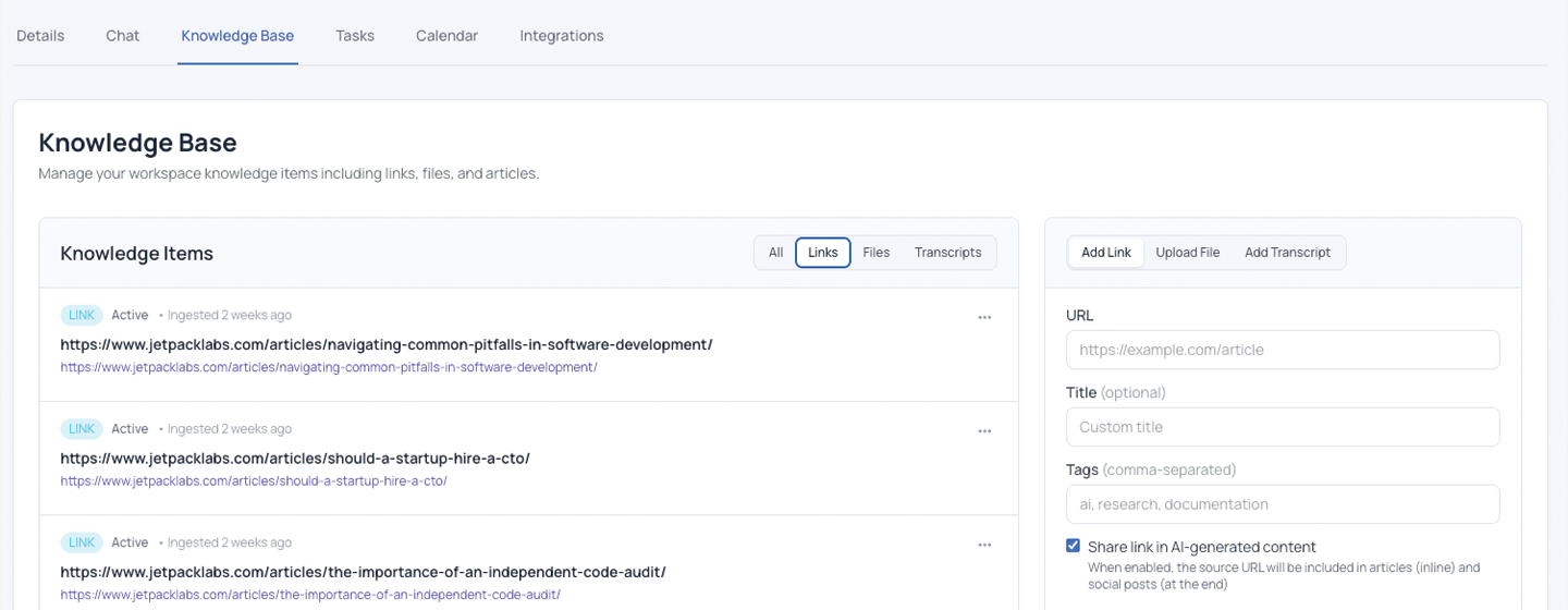 Telemetry knowledge base showing ingested article links available for agents to reference during generation